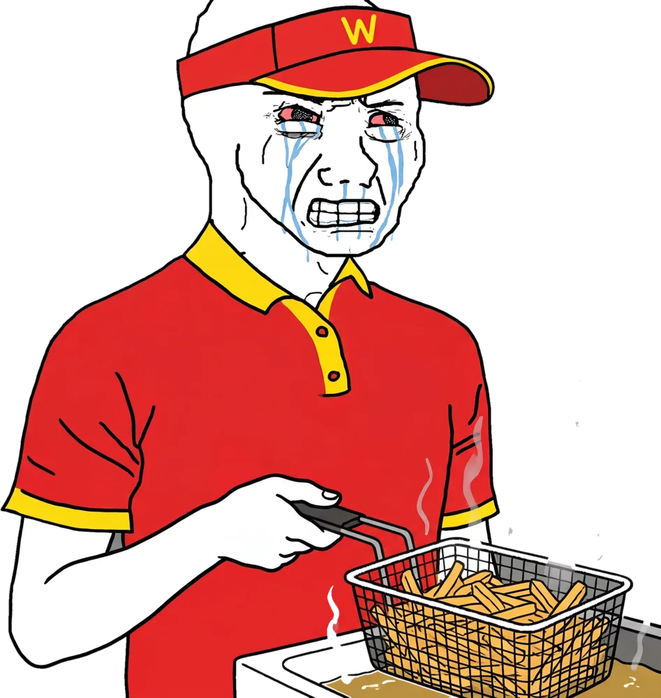crying wojak lifting a fry basket