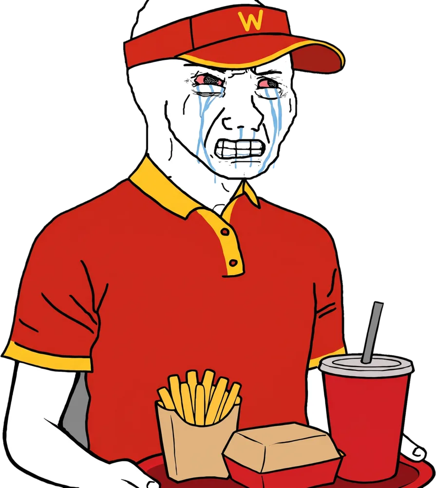 crying wojak in a red fast-food uniform holding a tray of fries