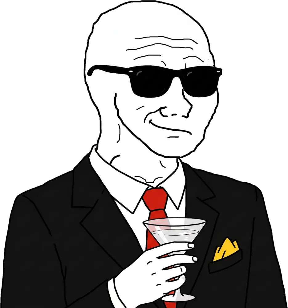 wojak in a black suit with a red tie holding a martini