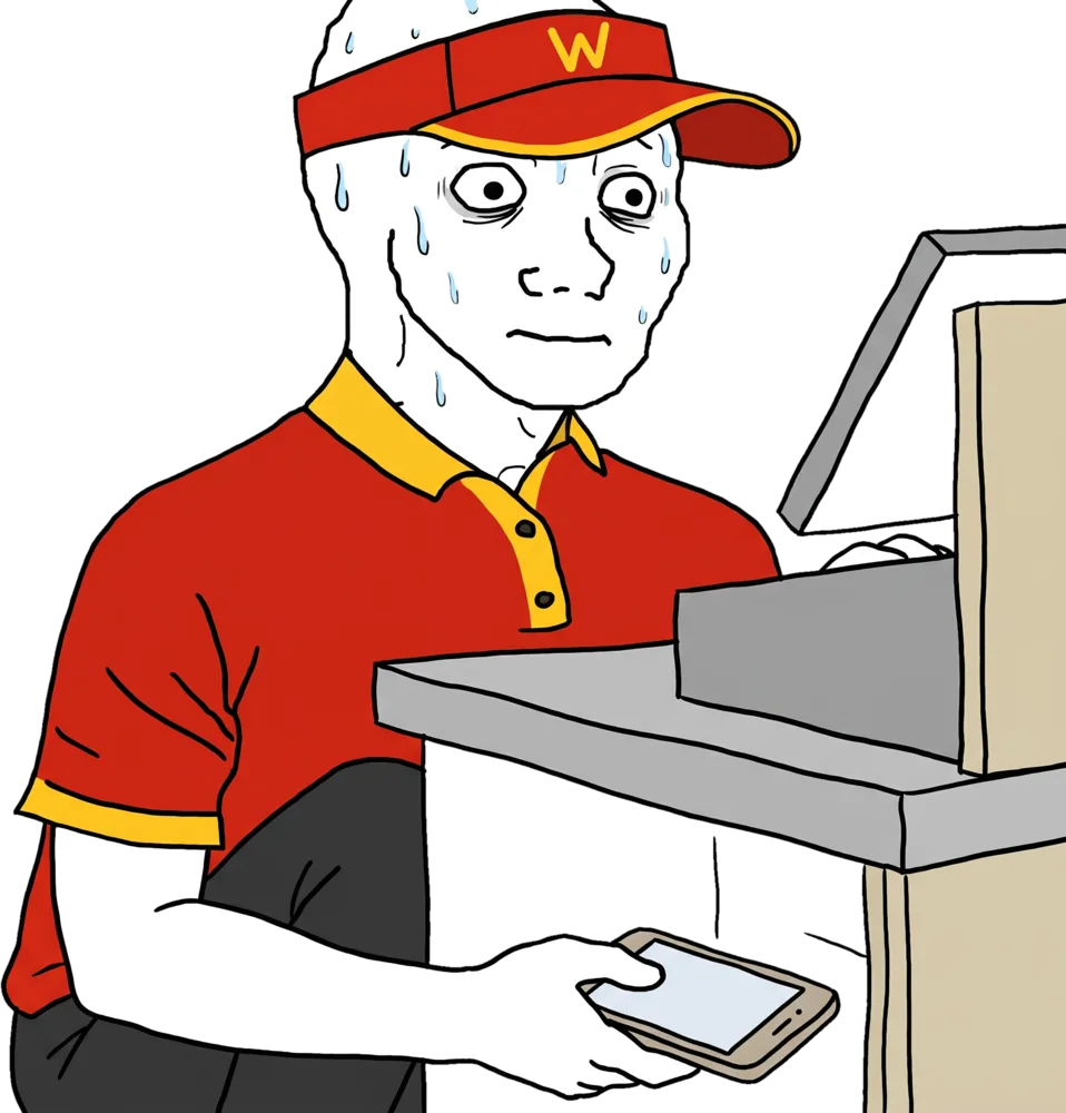 wojak checking charts under the counter